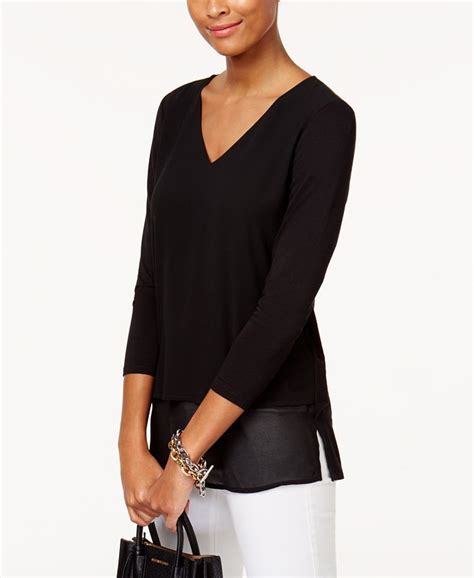 black and white blouse by michael kors|Michael Kors layered look top.